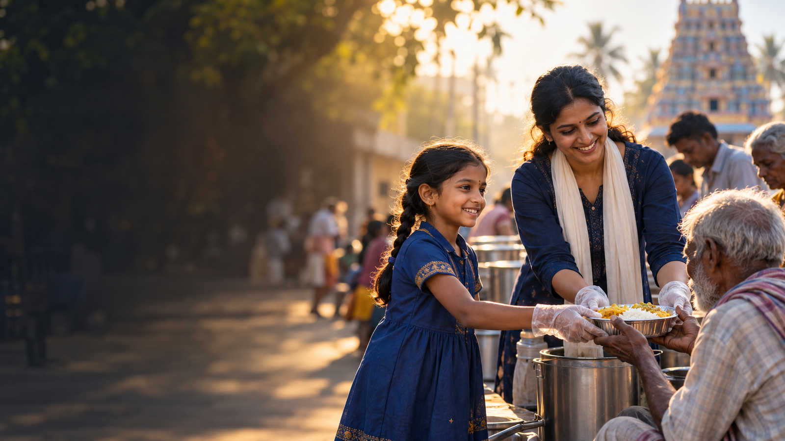 A Seven Ark Foundation volunteer and child serving a meal with dignity